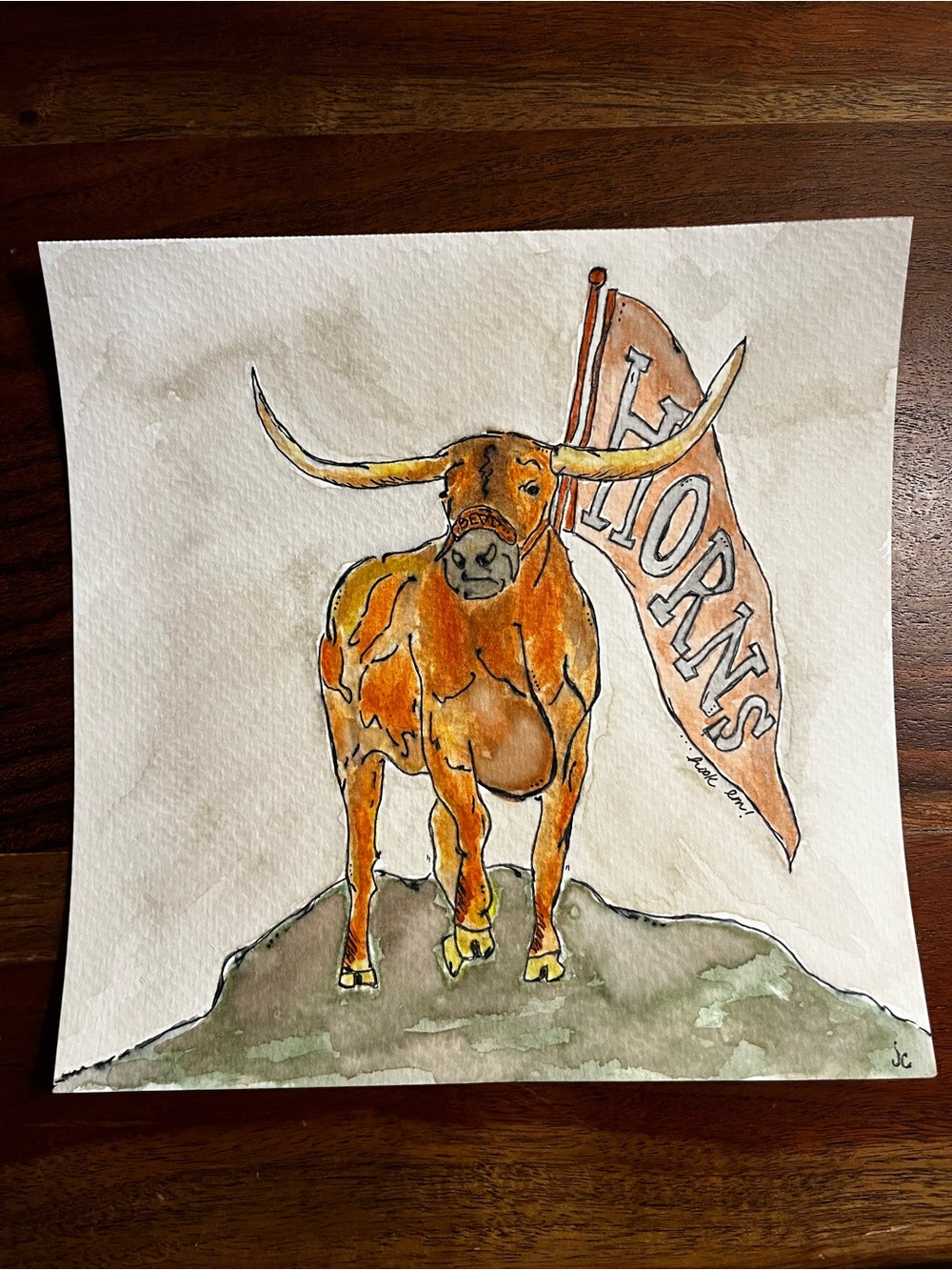 Watercolor UT Longhorn Art Print in Brown and Cream - Western Wall Decor